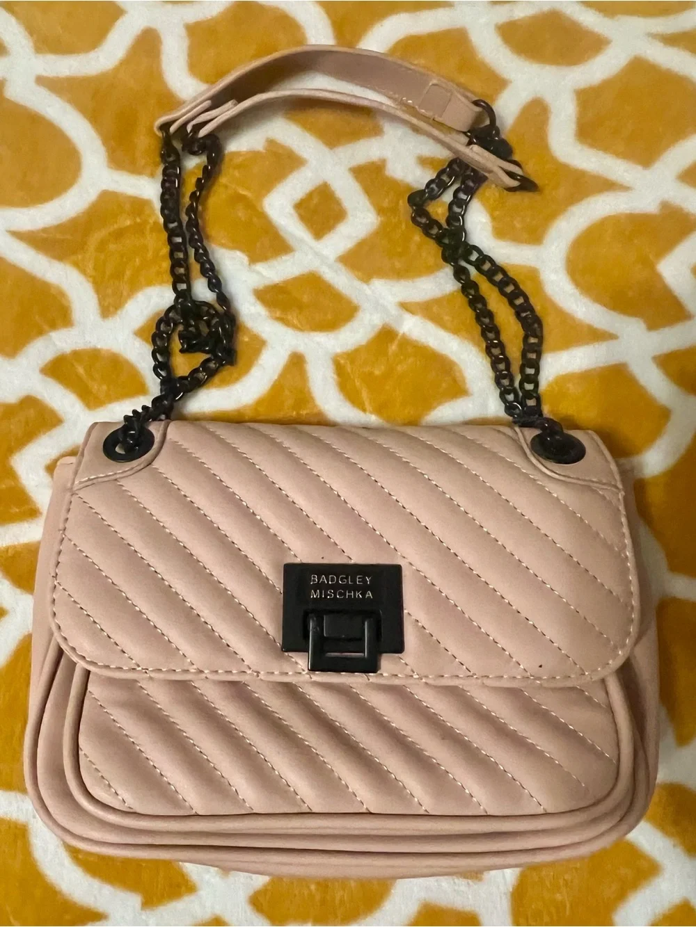 Badgley Mischka Pale Pink Quilted Leather Shoulder Bag with Chain Strap